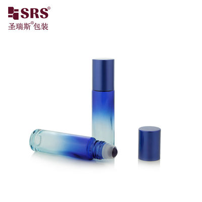 comprar BLPM-10ml Botella de rodillo de vidrio azul oscuro moldeado de pared gruesa 100% sin fugas con bola de piedra preciosa para envasado cosmético de suero Fabricación en línea