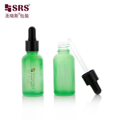 D001-50ml Botella cuentagotas vacía ecológica con revestimiento verde, recipiente de vidrio con tapa cuentagotas negra brillante y bulbo de silicona para aceite para el cuidado corporal