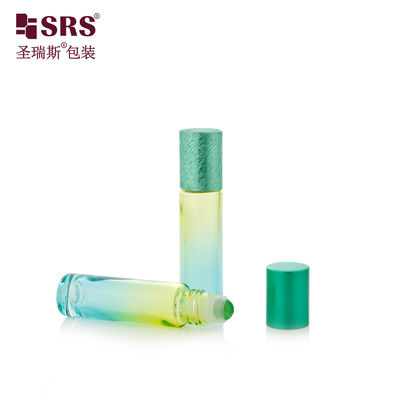BLPM-10ml Contenedor de vial de perfume de vidrio industrial con gradiente verde agua con bola rodante para esencia de cuidado personal y cuidado de la piel