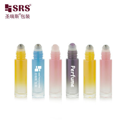 Botella de rodillo de vidrio moldeado de color rosa degradado cilíndrico redondo de 10 ml BLPM- para cuidado personal con tapa de plástico de color