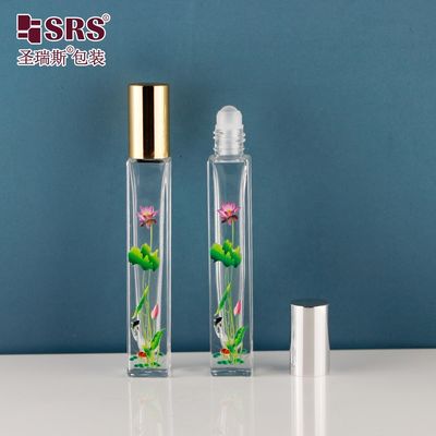 10 ml de botella de vidrio de pared gruesa de forma cuadrada con aplicador de bolas de rodillo para perfumes y aceites esenciales